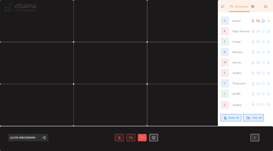 Snapshot of video conferencing app - Meeting room screen with tile view  and list of participants towards the left.