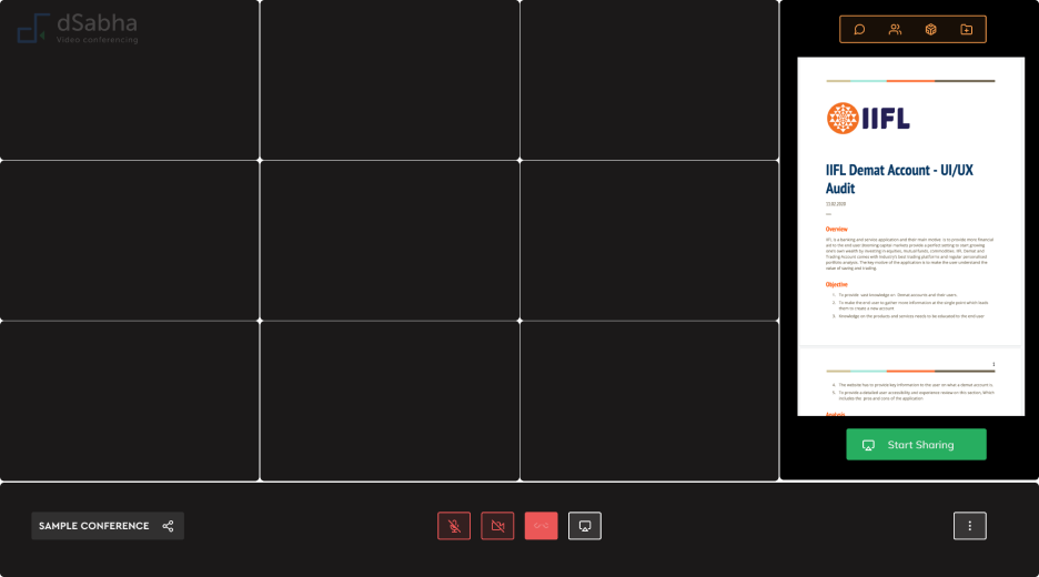 Snapshot of video conferencing tool features - a view of file display feature in the app along with the participants