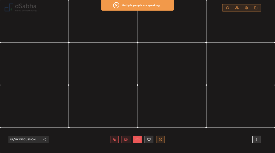 Snapshot of video conferencing tool features - a view of crosstalk warning feature showing an error message when multiple users are talking in the meeting.